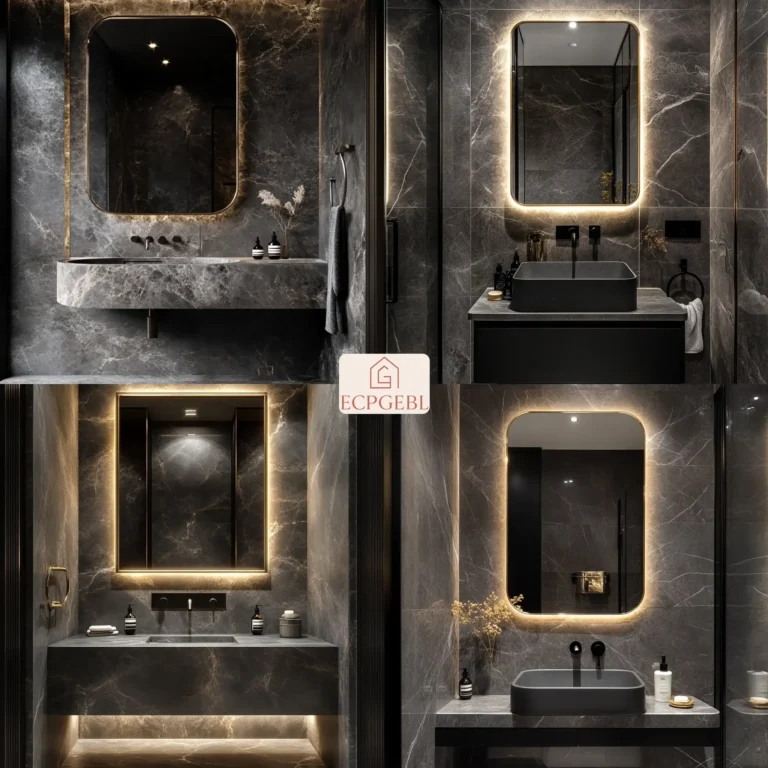 Elegant grey black gold bathroom with marble walls and matte black fixtures