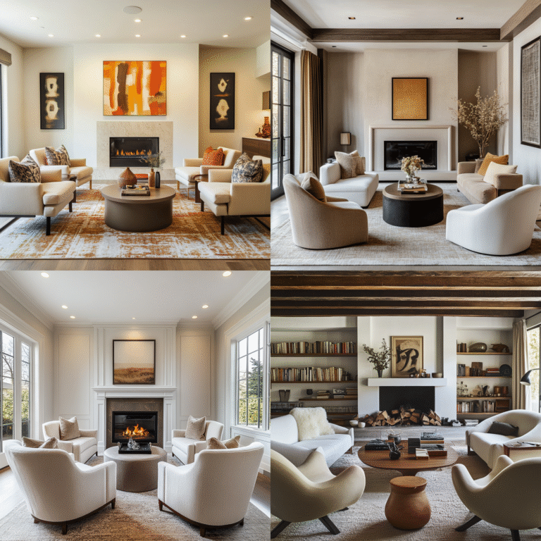 Floating furniture arrangement in an awkward living room, with a cozy and functional layout around a fireplace.