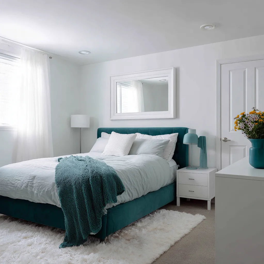 bedroom ideas teal and white