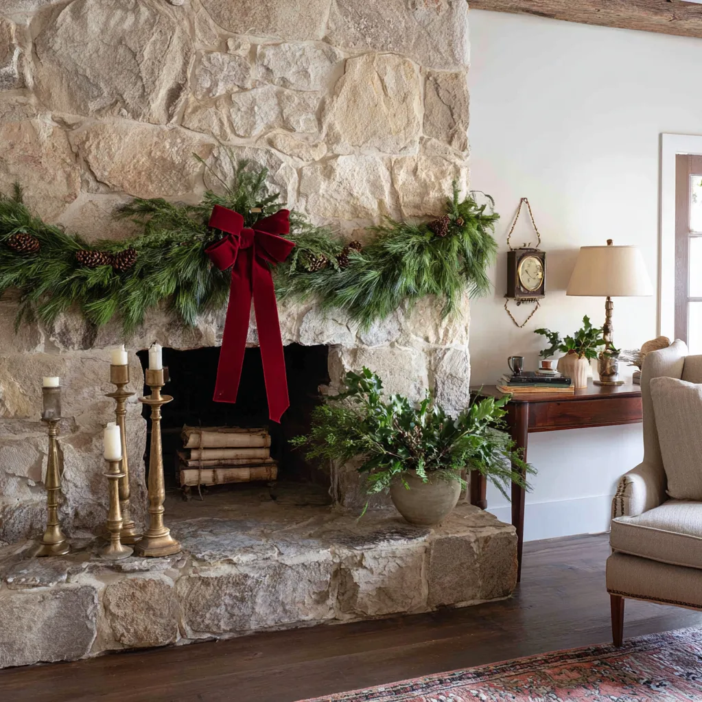 christmas mantle garland with ribbon