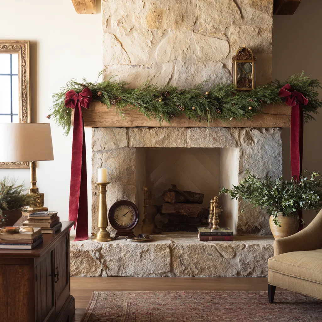 christmas mantle garland with ribbon