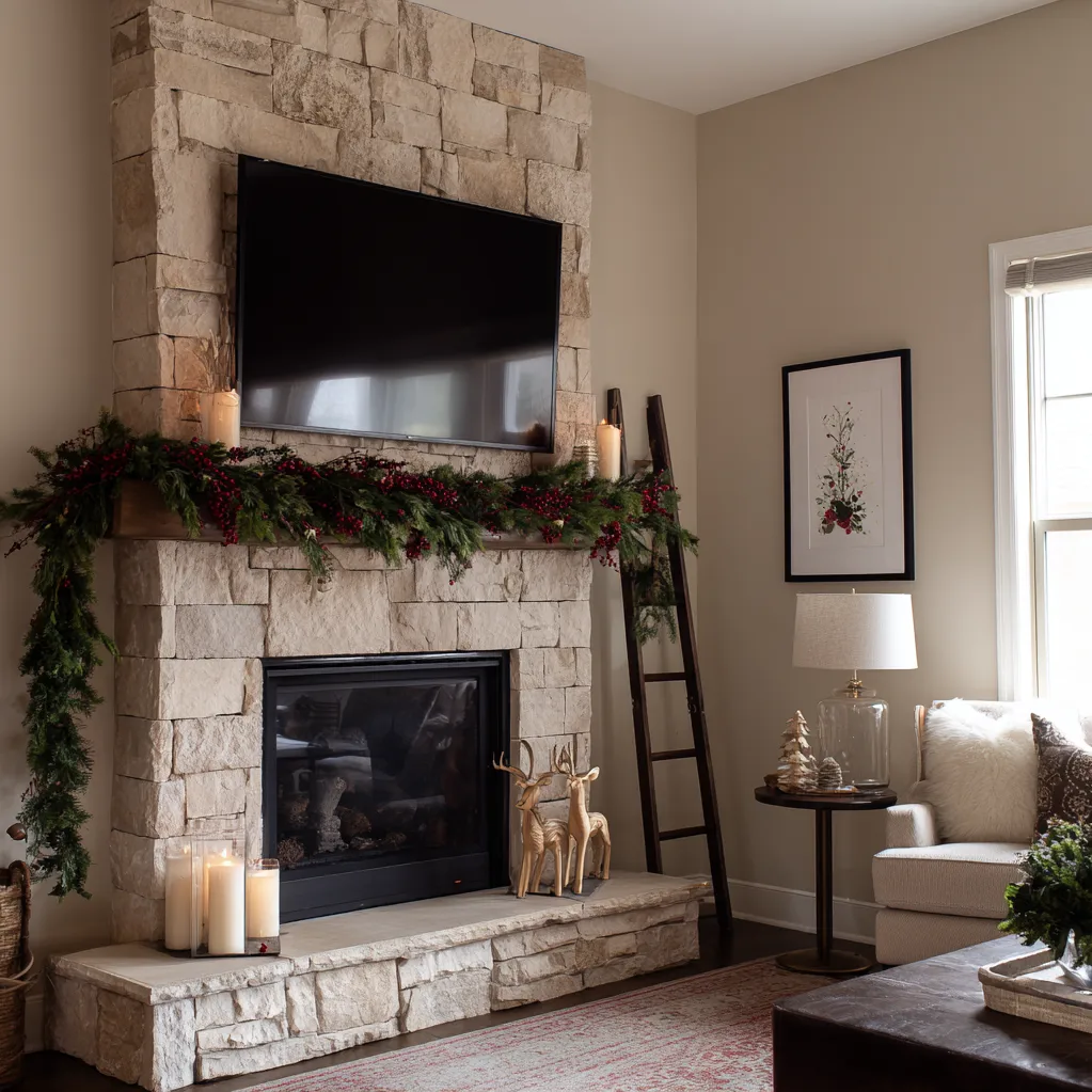 christmas mantle with tv above