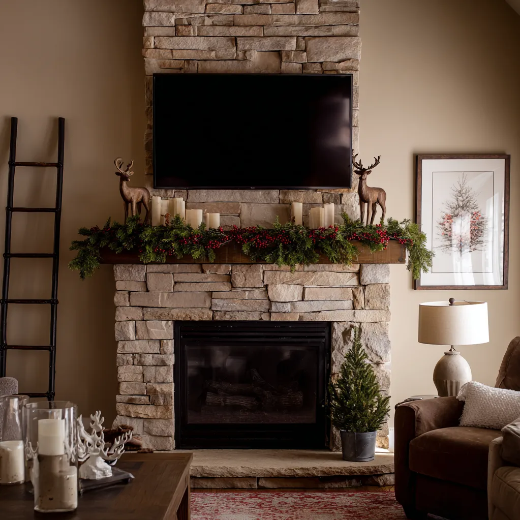christmas mantle with tv above