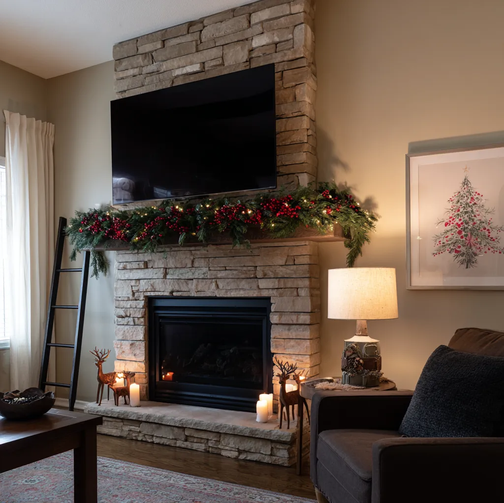 christmas mantle with tv above