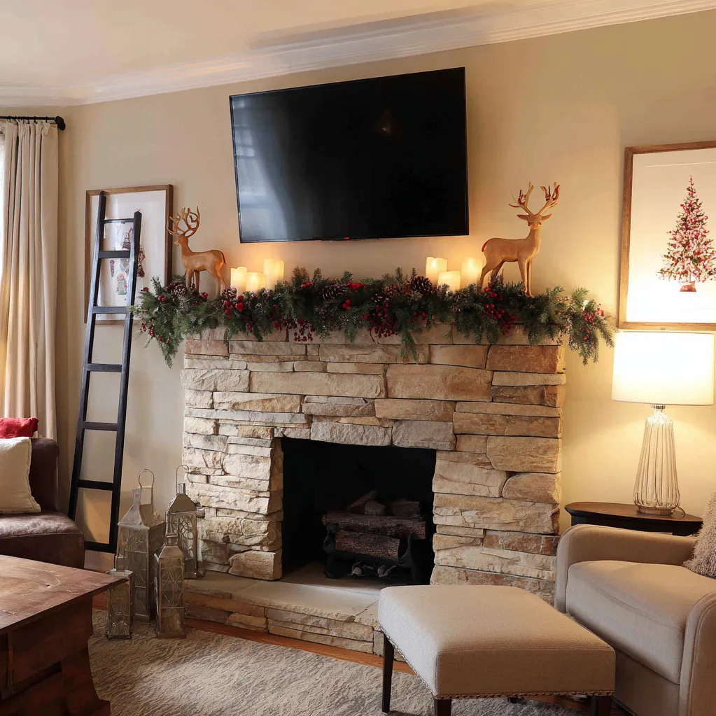 christmas mantle with tv above