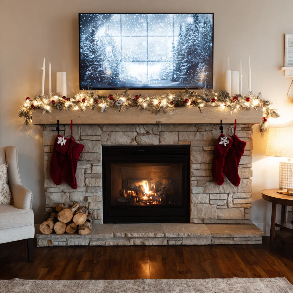 christmas mantle with tv ideas