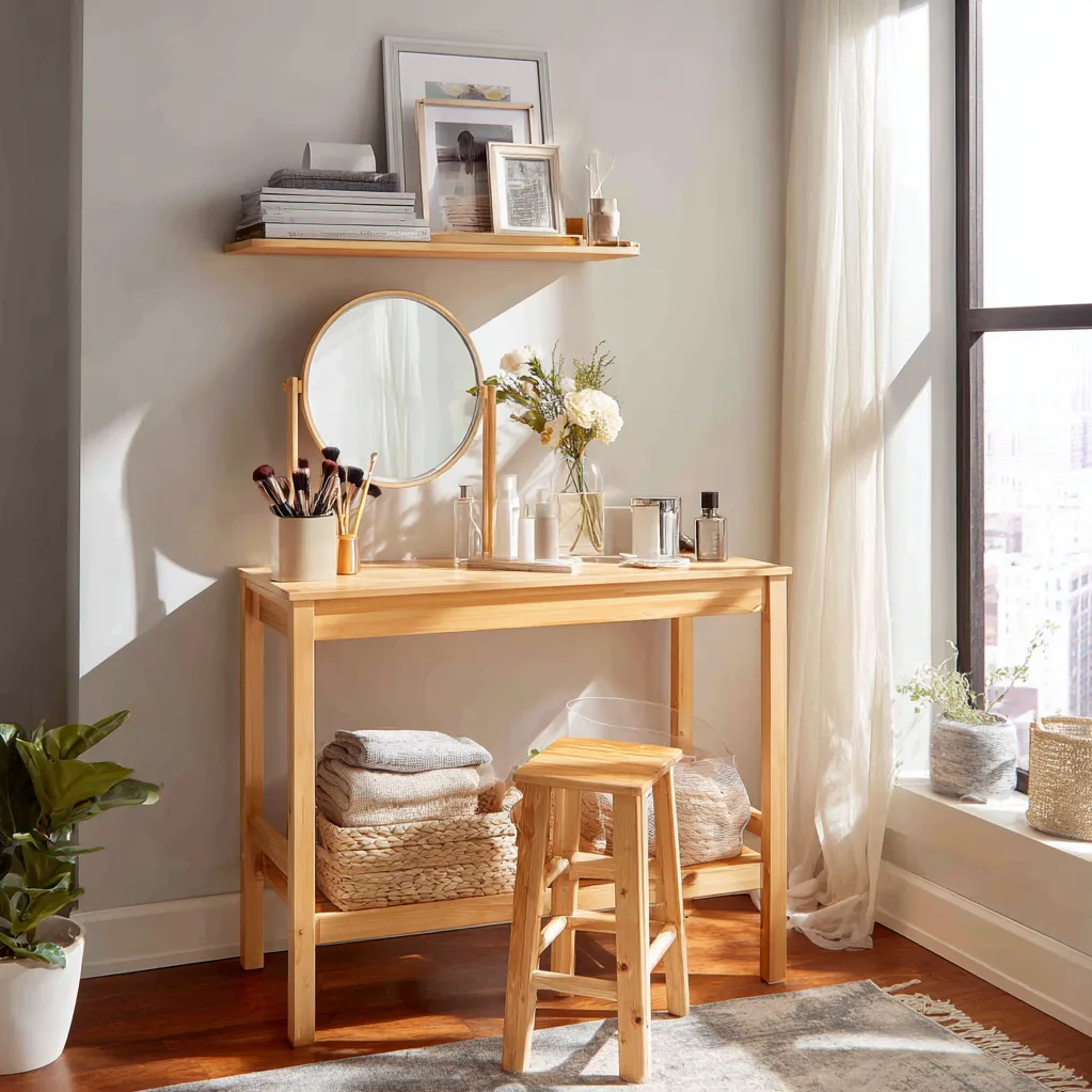 vanity table with shelves