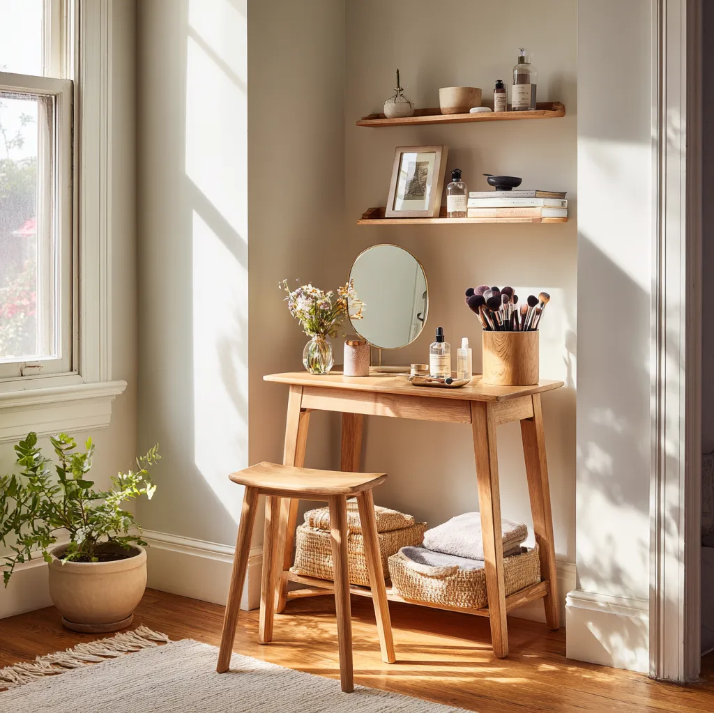 vanity table with shelves