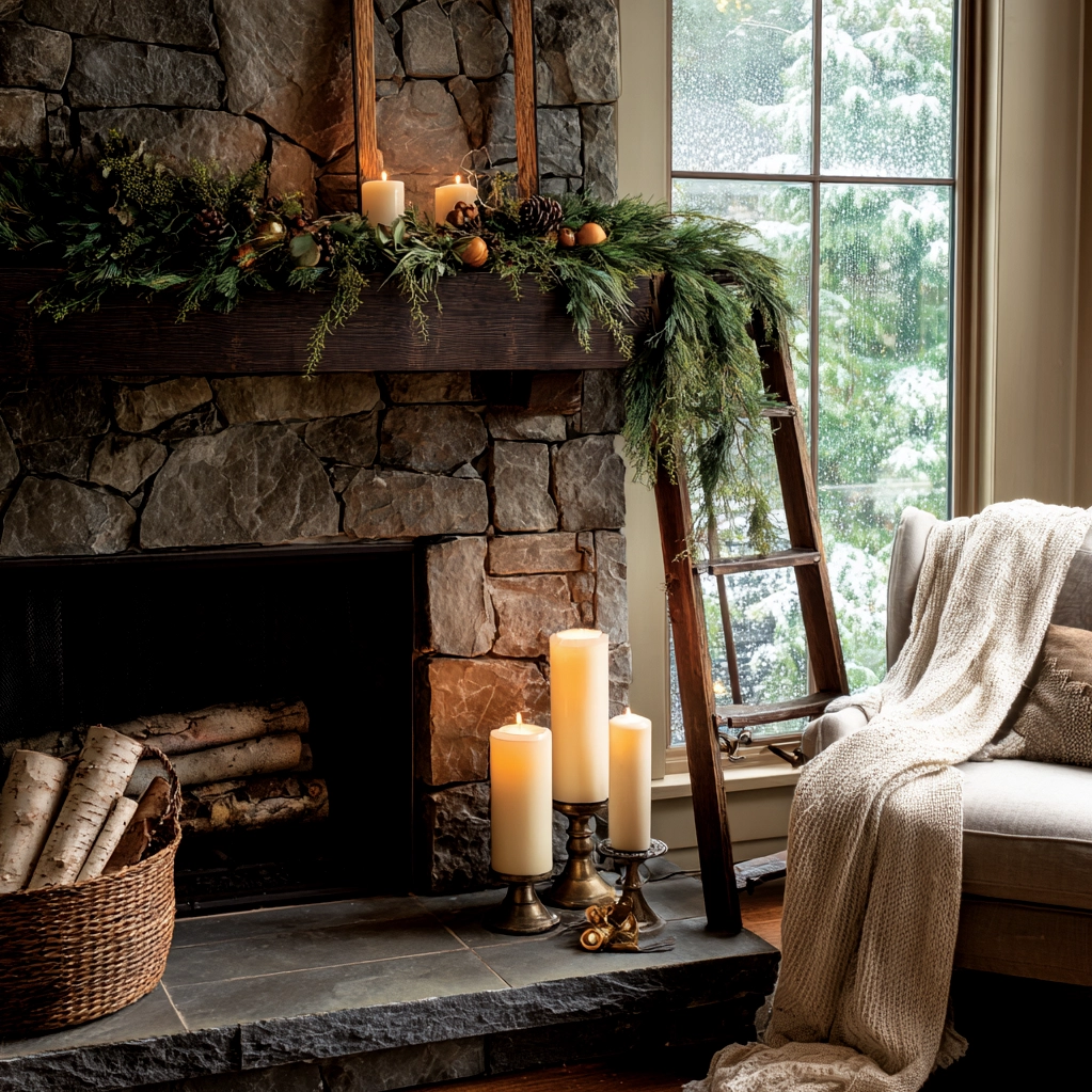 winter mantle decor with candles