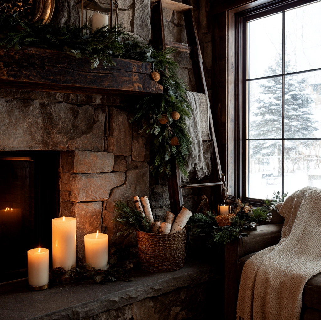 winter mantle decor with candles