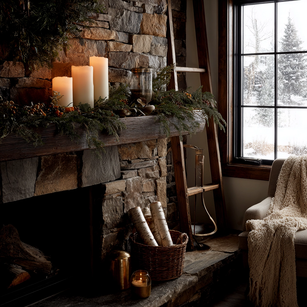 winter mantle decor with candles