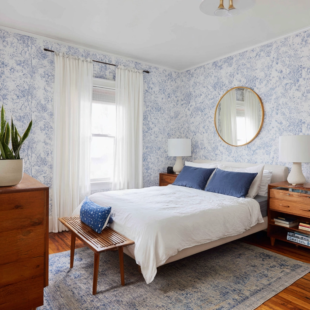 blue wallpaper bedroom