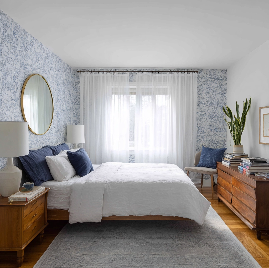 blue wallpaper bedroom
