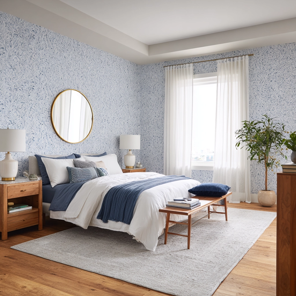 blue wallpaper bedroom