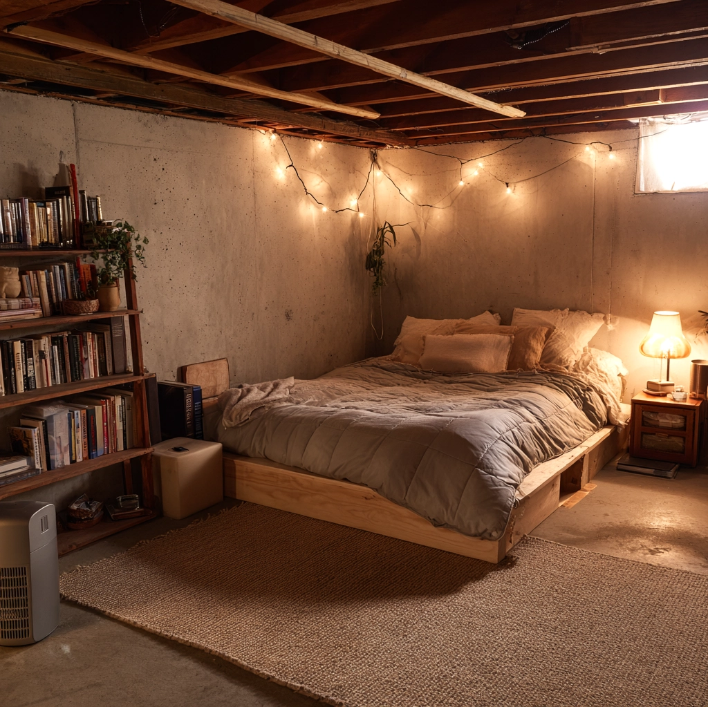 cozy unfinished basement bedroom