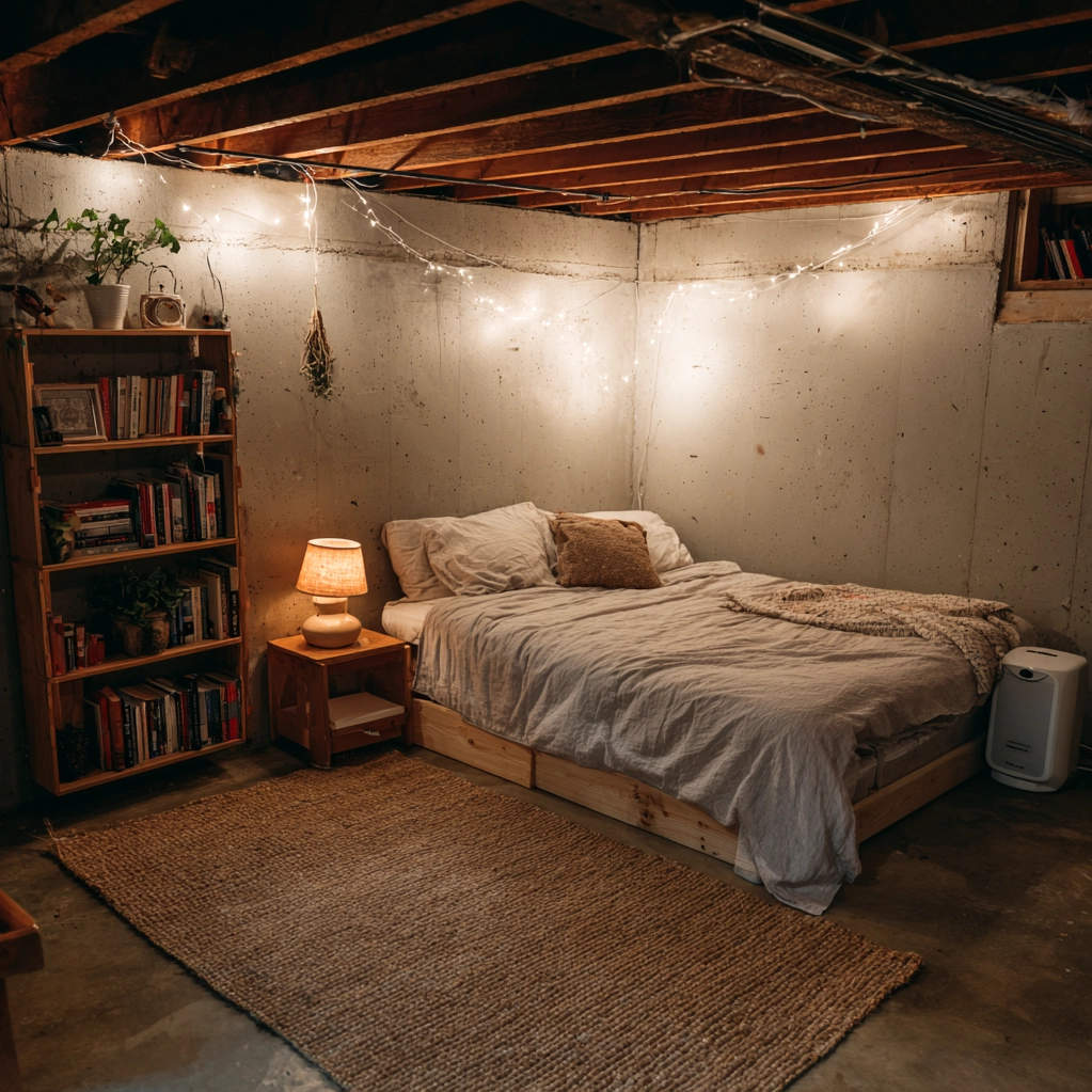 cozy unfinished basement bedroom
