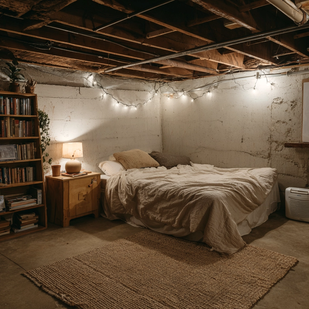 cozy unfinished basement bedroom