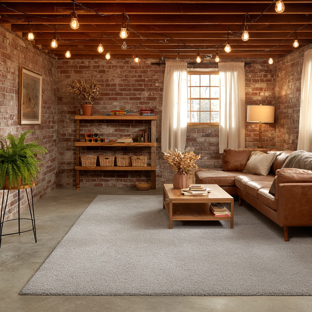 cozy unfinished basement family room