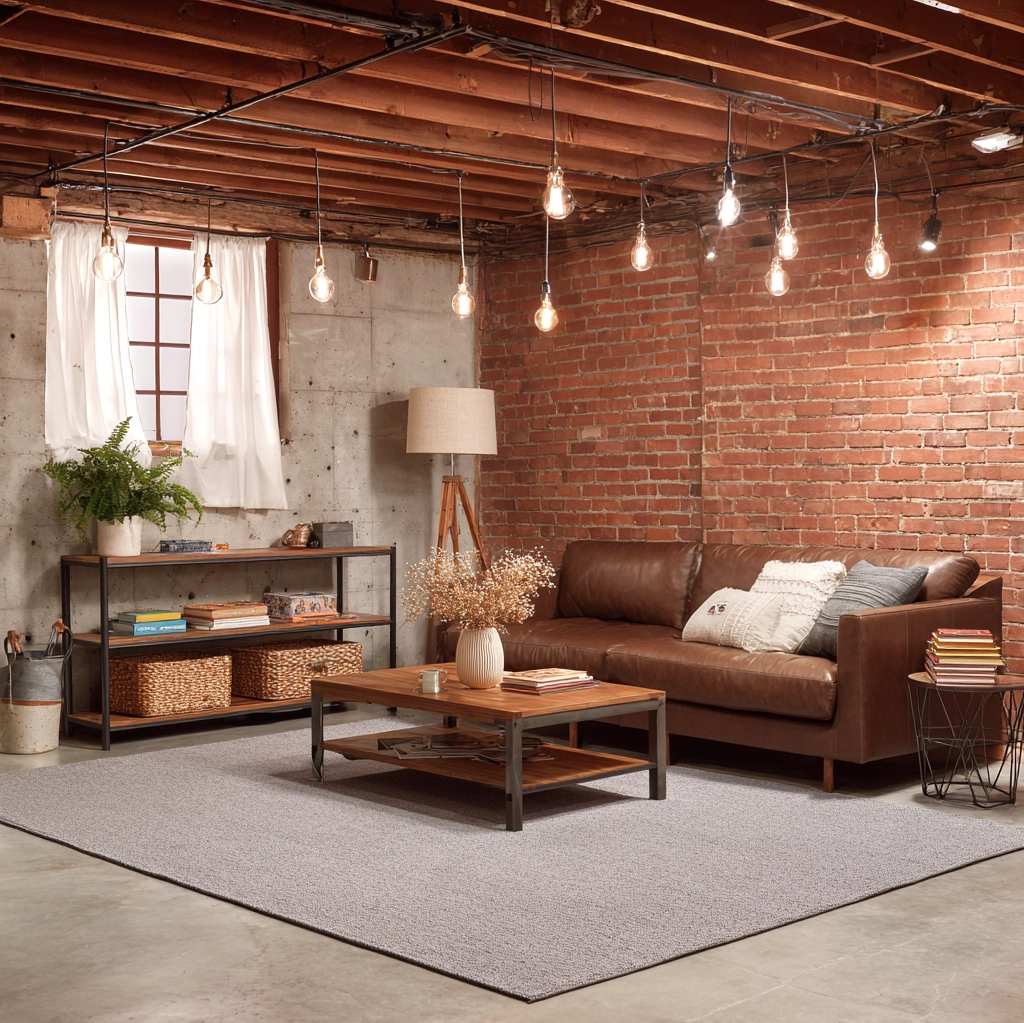 cozy unfinished basement family room
