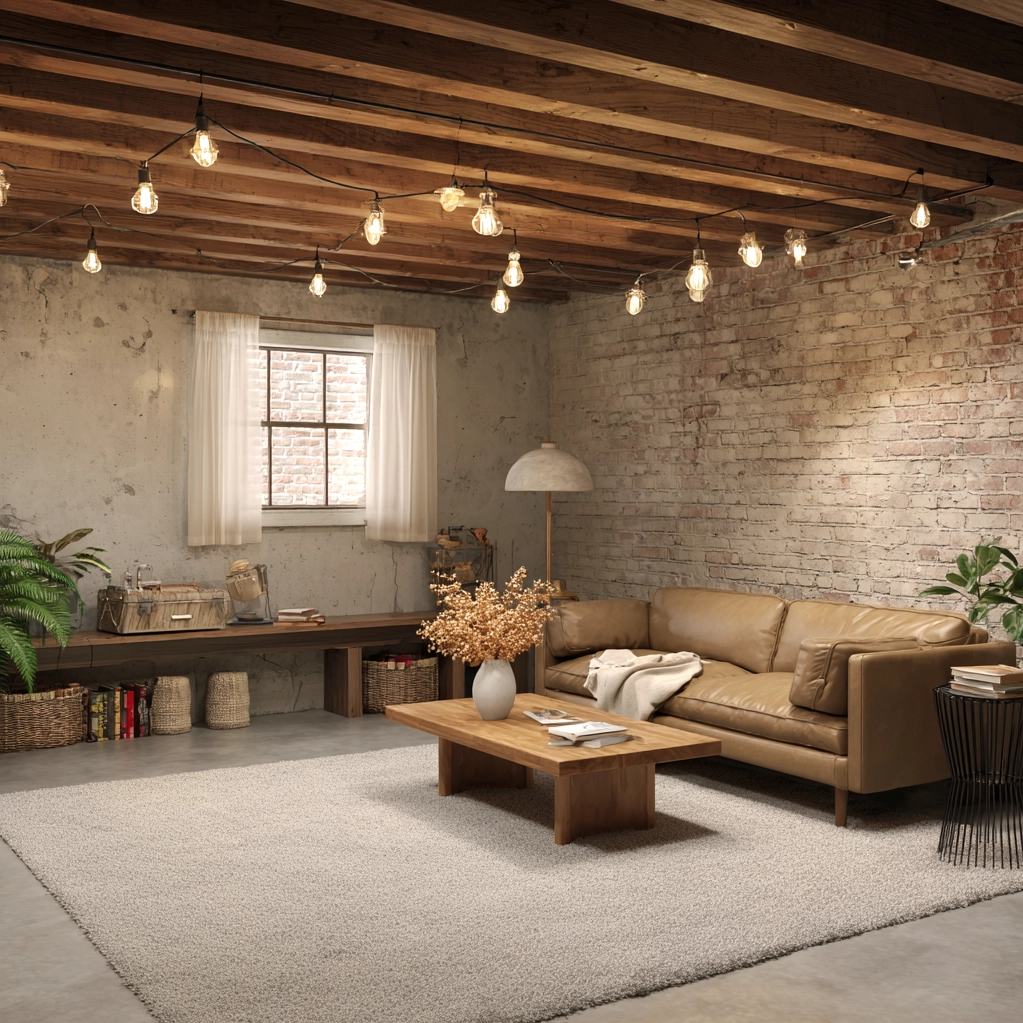 cozy unfinished basement family room