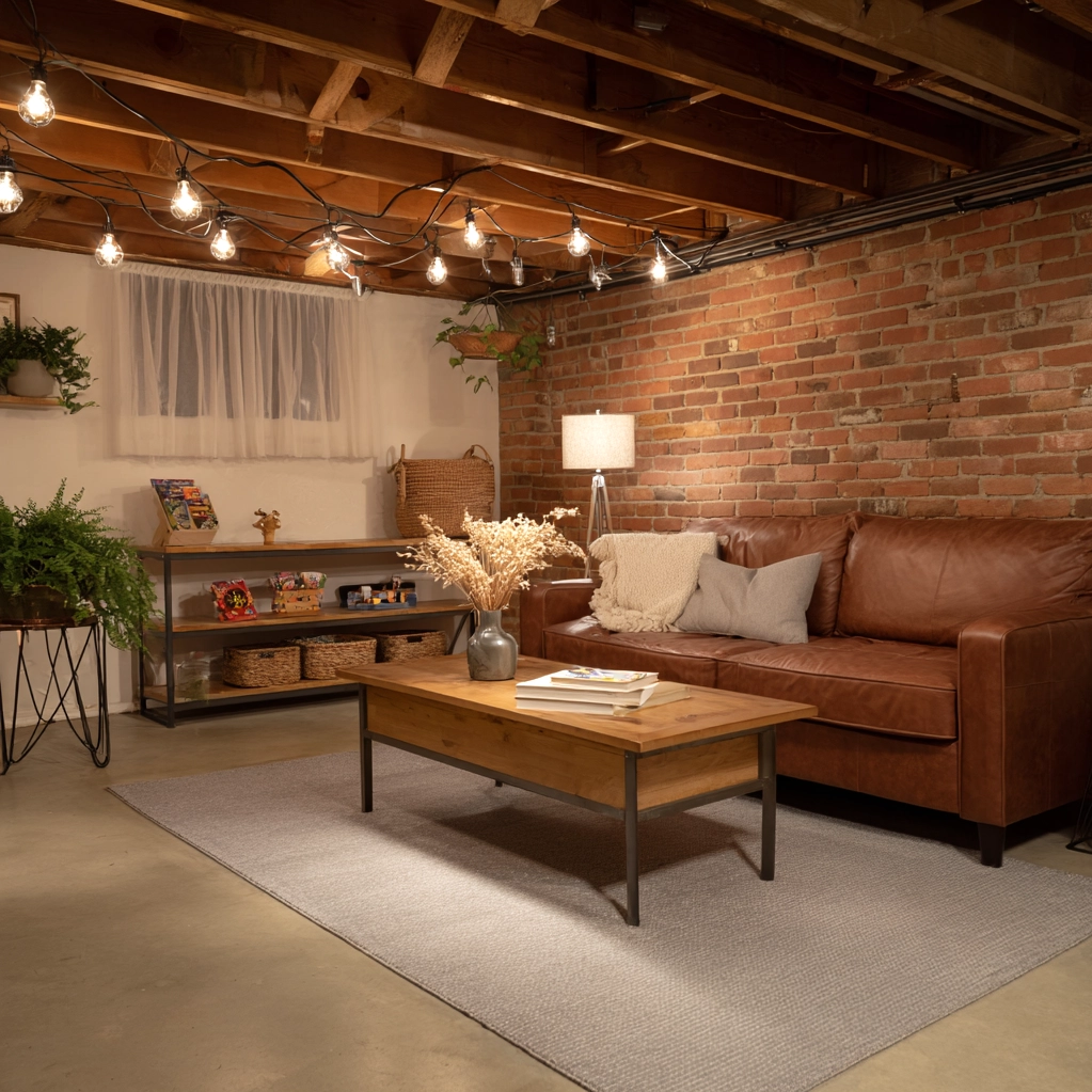 cozy unfinished basement family room