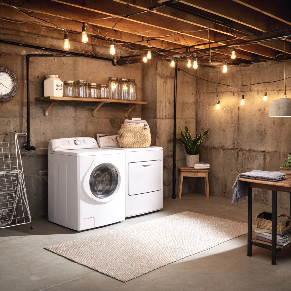 cozy unfinished basement laundry