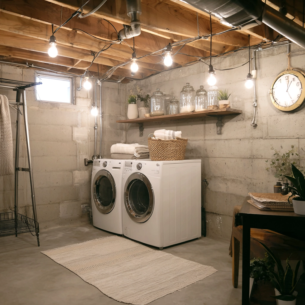 cozy unfinished basement laundry