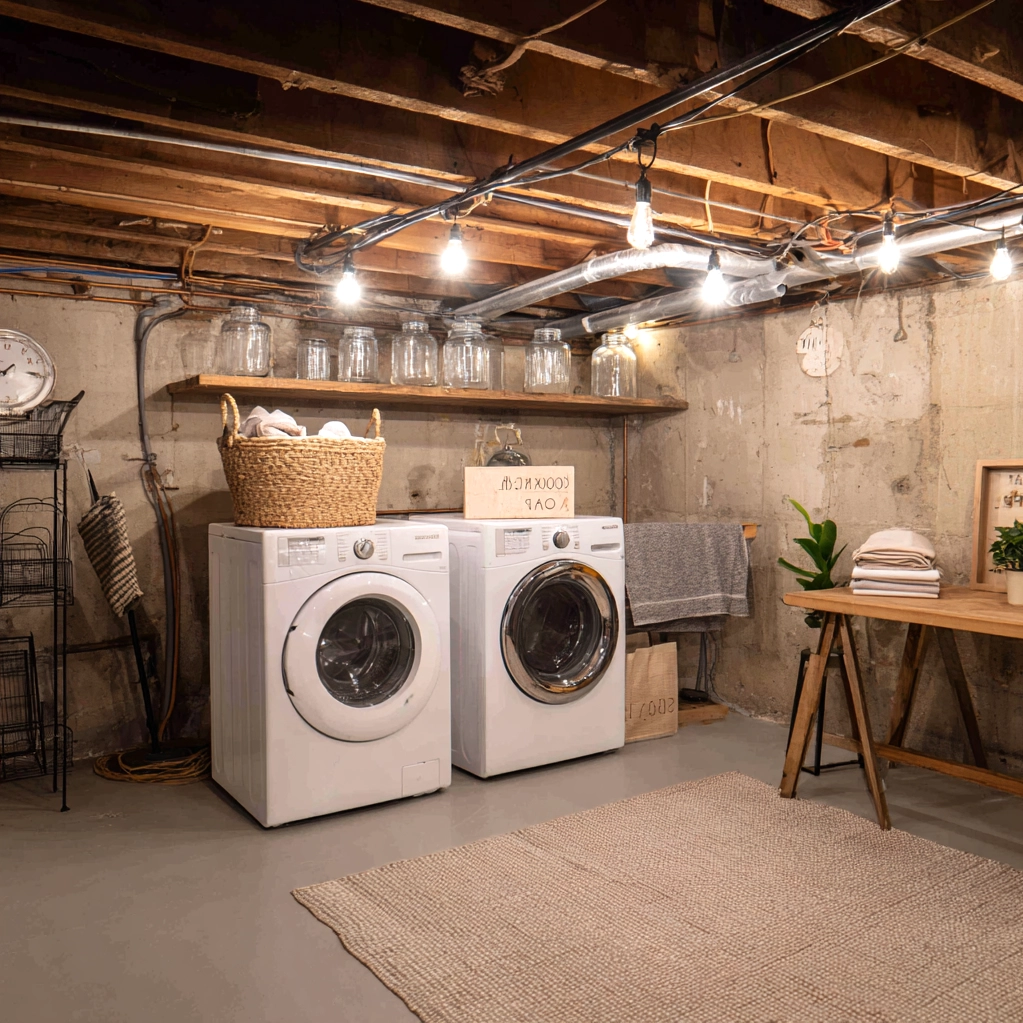 cozy unfinished basement laundry