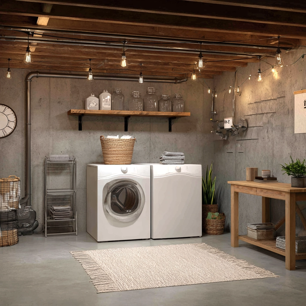 cozy unfinished basement laundry