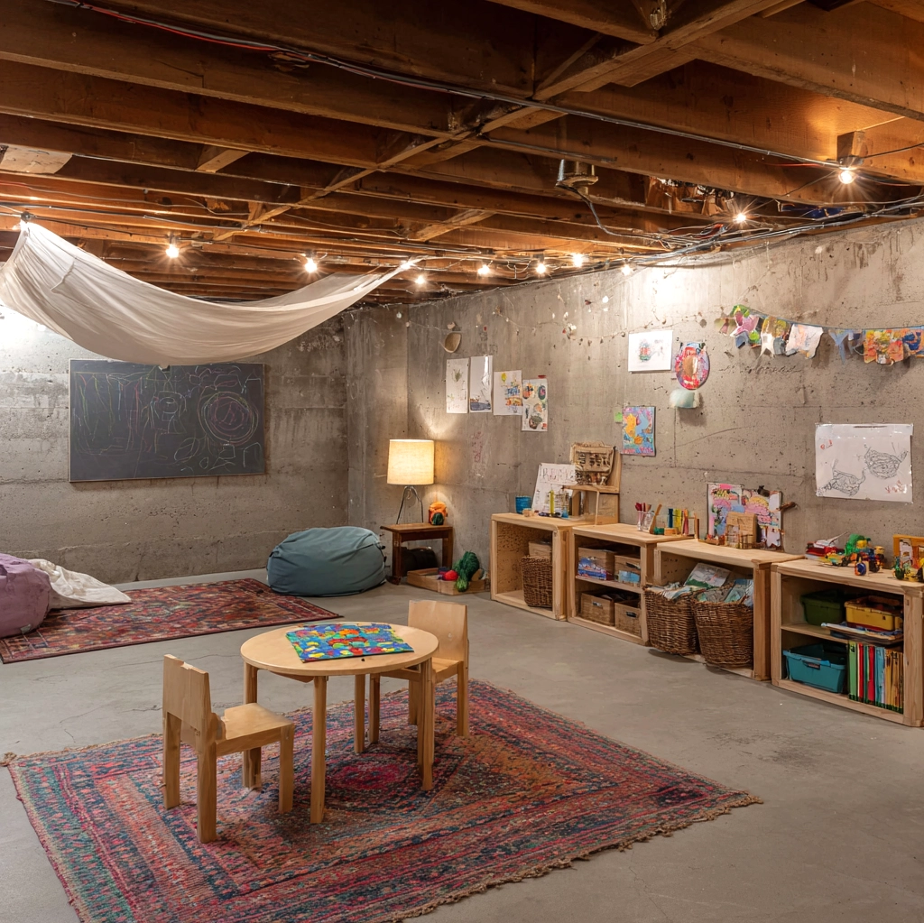 cozy unfinished basement playroom