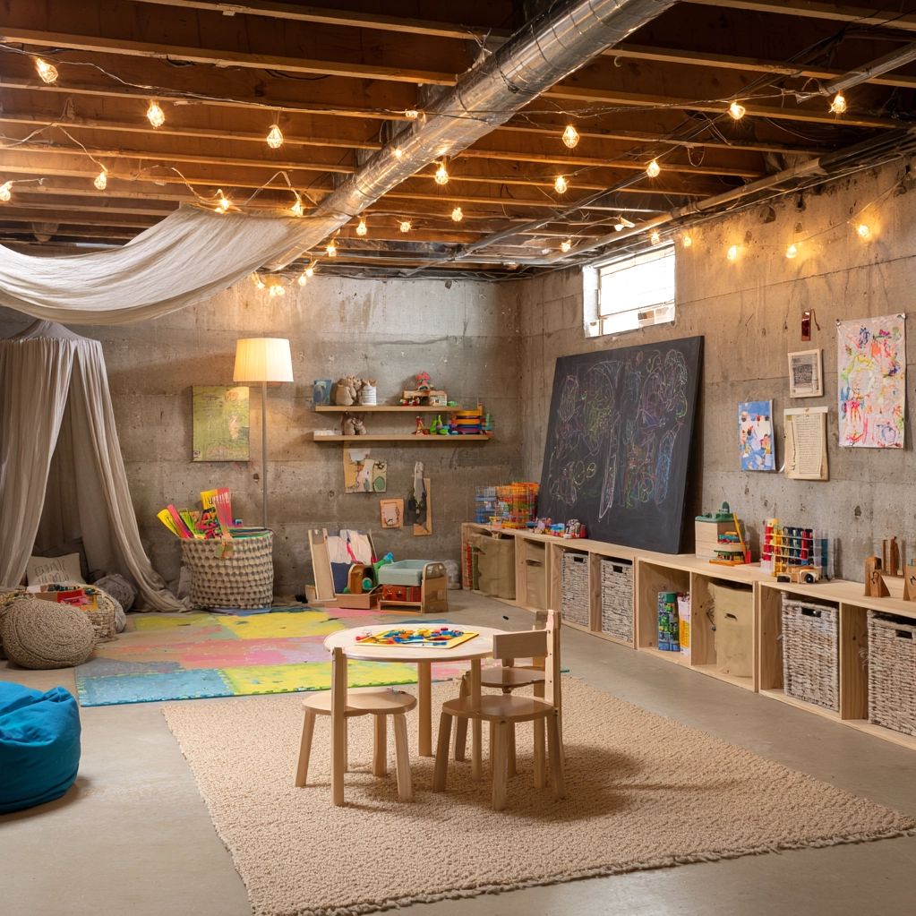 cozy unfinished basement playroom