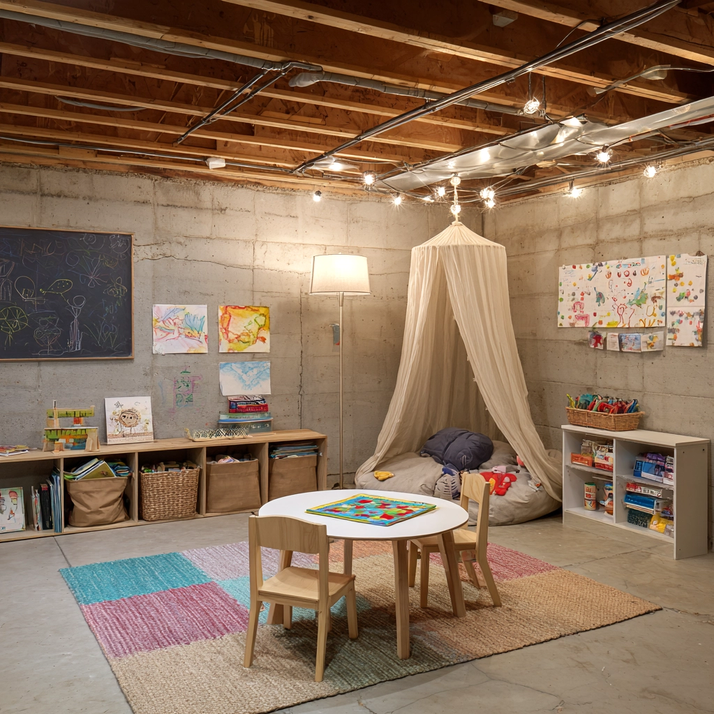 cozy unfinished basement playroom